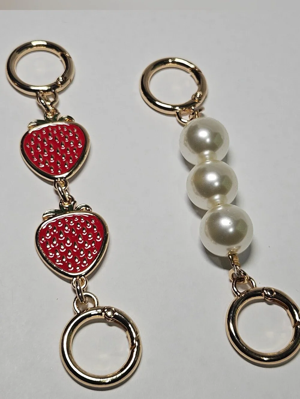 Luxury Rhinestone Strawberry & Pearl Gold Bag Charm Keychain Set - 3 Pcs